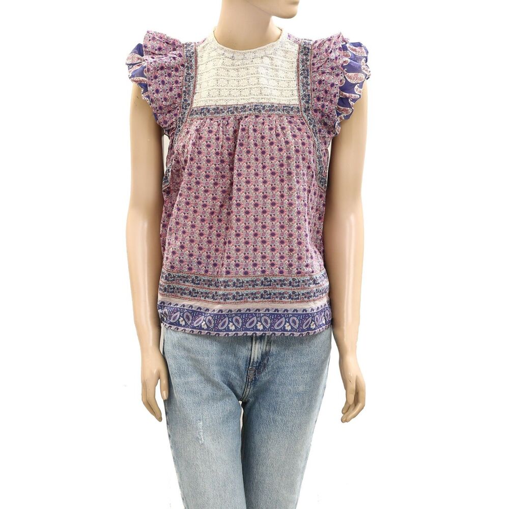 Sea New York Floral Print Square Neck Blouse Top Ruffle Lace Cotton XS 277874